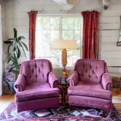 2 Mid Century Mauve LazyBoy Tufted Pinstripe Swivel Rocker Accent Arm Barrel Chairs, Pair Of Barrel