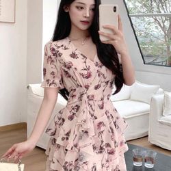 DAZY Women Summer Floral Print Ruffled Cinched Waist Dress Sundress