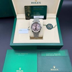Brand New July 2025 Rolex Datejust 36mm 126234 Pink Romand Diamond "96" Dial 18k white gold fluted bezel jubilee Full Set