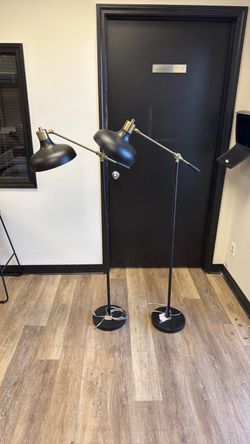Pair of Black and Brass Adjustable Floor Lamps