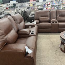 Real Leather Power Recliner Power Headrest Loveseat 