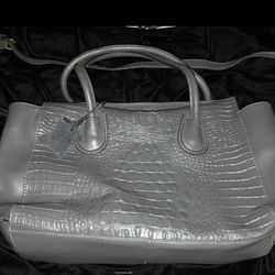 Womens Lg Gray Leather Crocodile Satchel Purse Handbag Detachable Shoulder Bag
