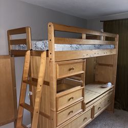 Twin Oak Wood Loft Bed With Drawers 