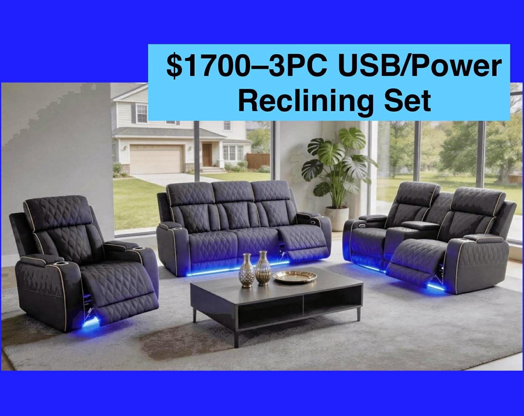 π₯FREE DELIVERYπ₯Brand New POWER, LED, USB 3PC Reclining Sofa Loveseat Chair Set