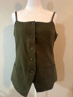 Olive Green Button-Front Linen Vest