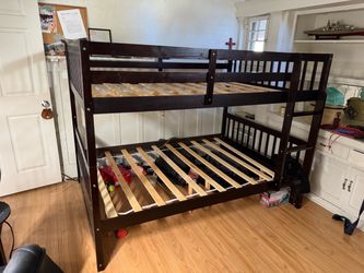Full Over Full Solid Wood Bunk Bed – Dark Brown – Disassembled