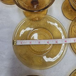 Vintage Amber Depression Glass Dessert Set – 6 Sherbet Cups + 4 Plates Floral
