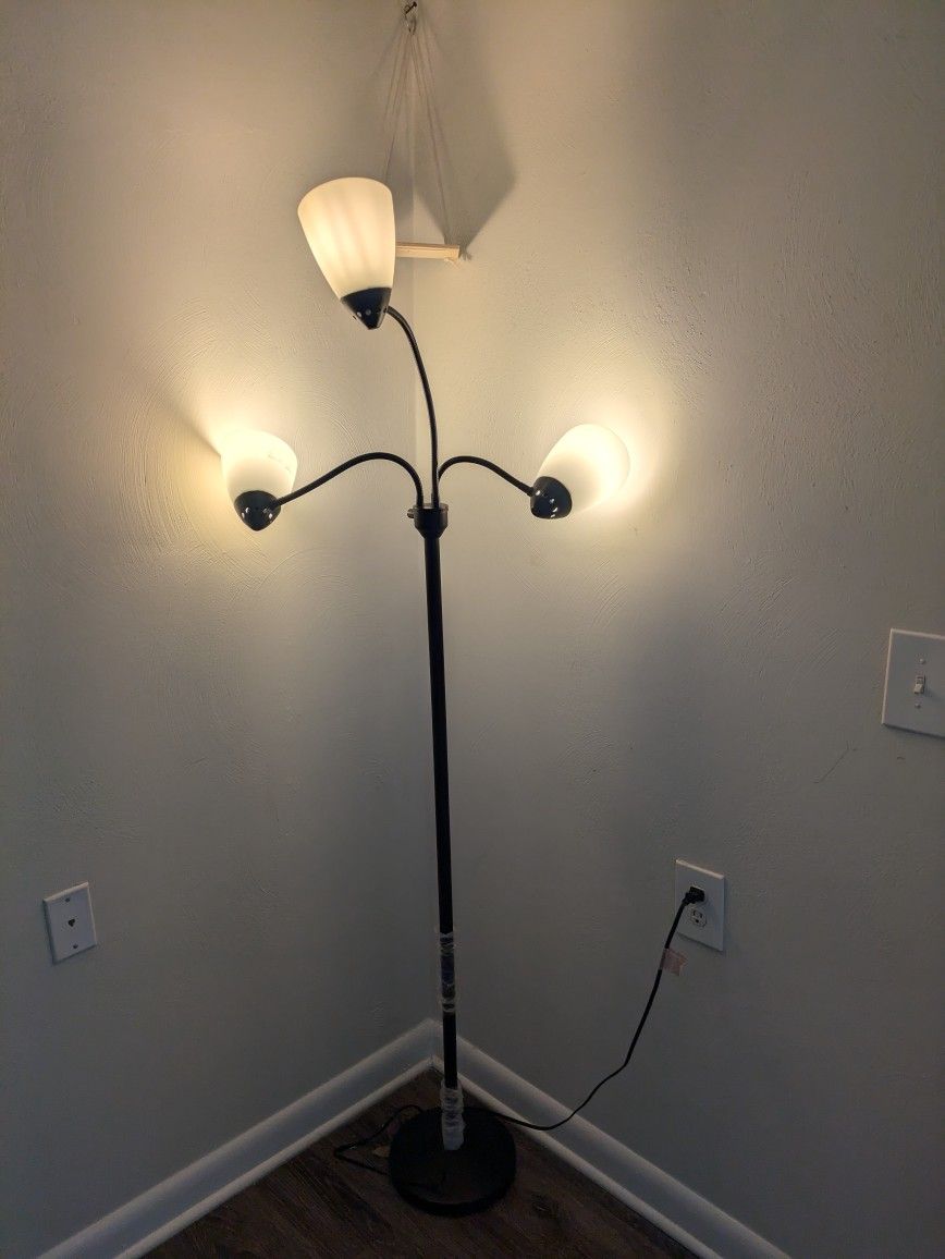 Mainstays 3 Head Floor Lamp Black with White Plastic Shades and with LED Bulbs Included