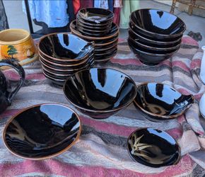 Japanese Dark Brown Bamboo Ceramic Bowl & Serving Set