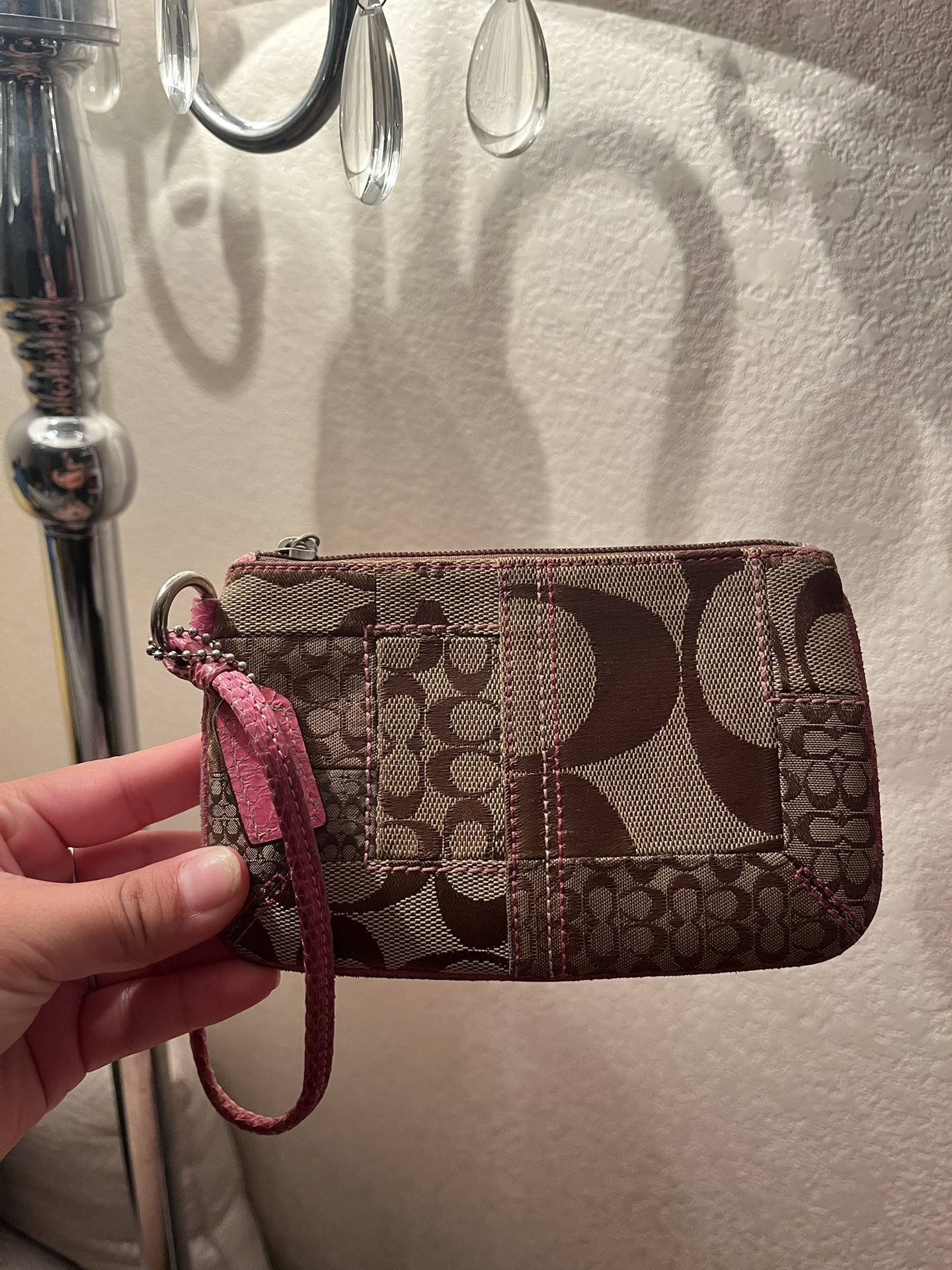 Vintage coach, pink stitch, patchwork wristlet