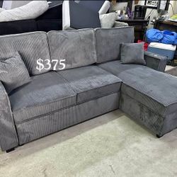 Dark Gray Corduroy Convertible Sectional Sofa W/ Pull-out Bed & Storage Brand New