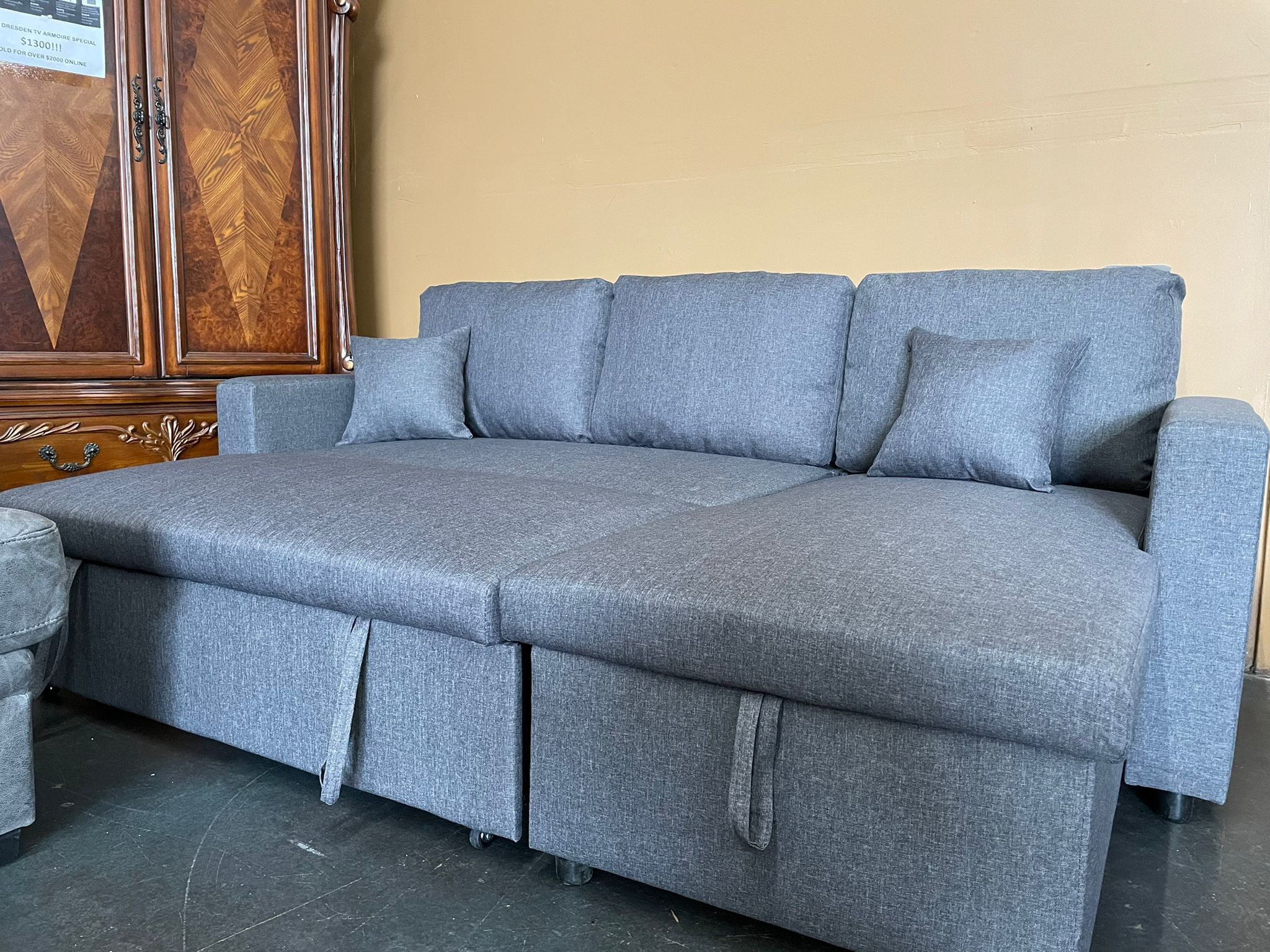 Gray Reversible Sofa Sleeper with Pull Out Bed Ottoman