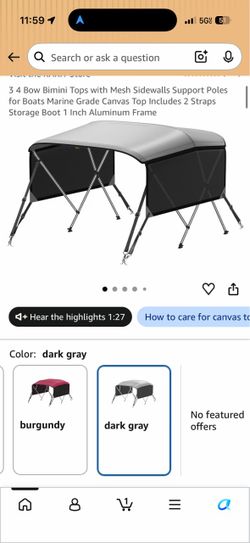 Bimini Top 3 Bow 6'L x 46" H x 79"-84" W dark gray with Mesh Sidewalls Support Poles for Boats Marine Grade Canvas Top Includes 2 Straps Storage Boot