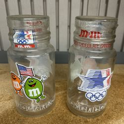 2) M&M's Glass Candy Jar 1984 Olympics Los Angeles Vintage Collectible 8" Tall