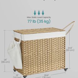 SONGMICS 42.3 Gallons (160 L) Rolling Laundry Hamper Basket w/ Wheels 3-Section Synthetic Rattan