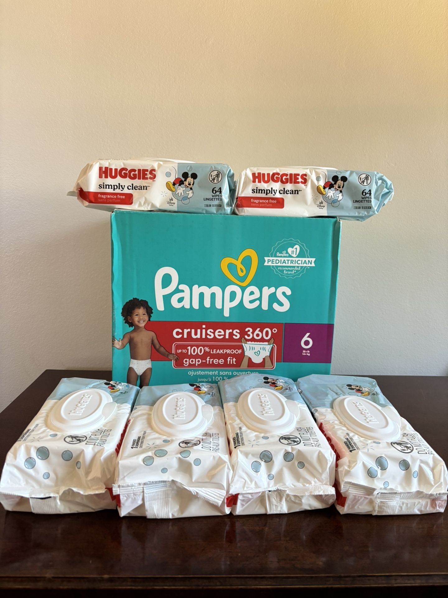 Pampers Diapers, Size 6 Or 7 And Huggies Wipes 6 Packs