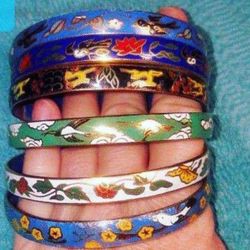 6 Vintage Painted Copper Bangles 