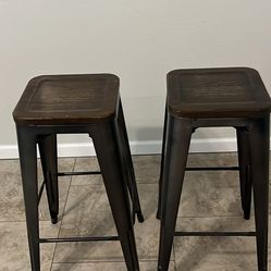 PAIR of 30" High Backless Clear Coated Metal Barstool with Square Wood Seat