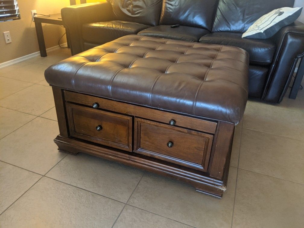 Costco Brown Wood + Leather Ottoman