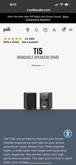 Brand New!! Polk T 15 Bookshelf Speakers