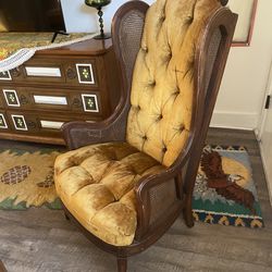 Vintage 70s Hollywood Regency Gold Crushed Velvet Caned Wingback High Back Chair