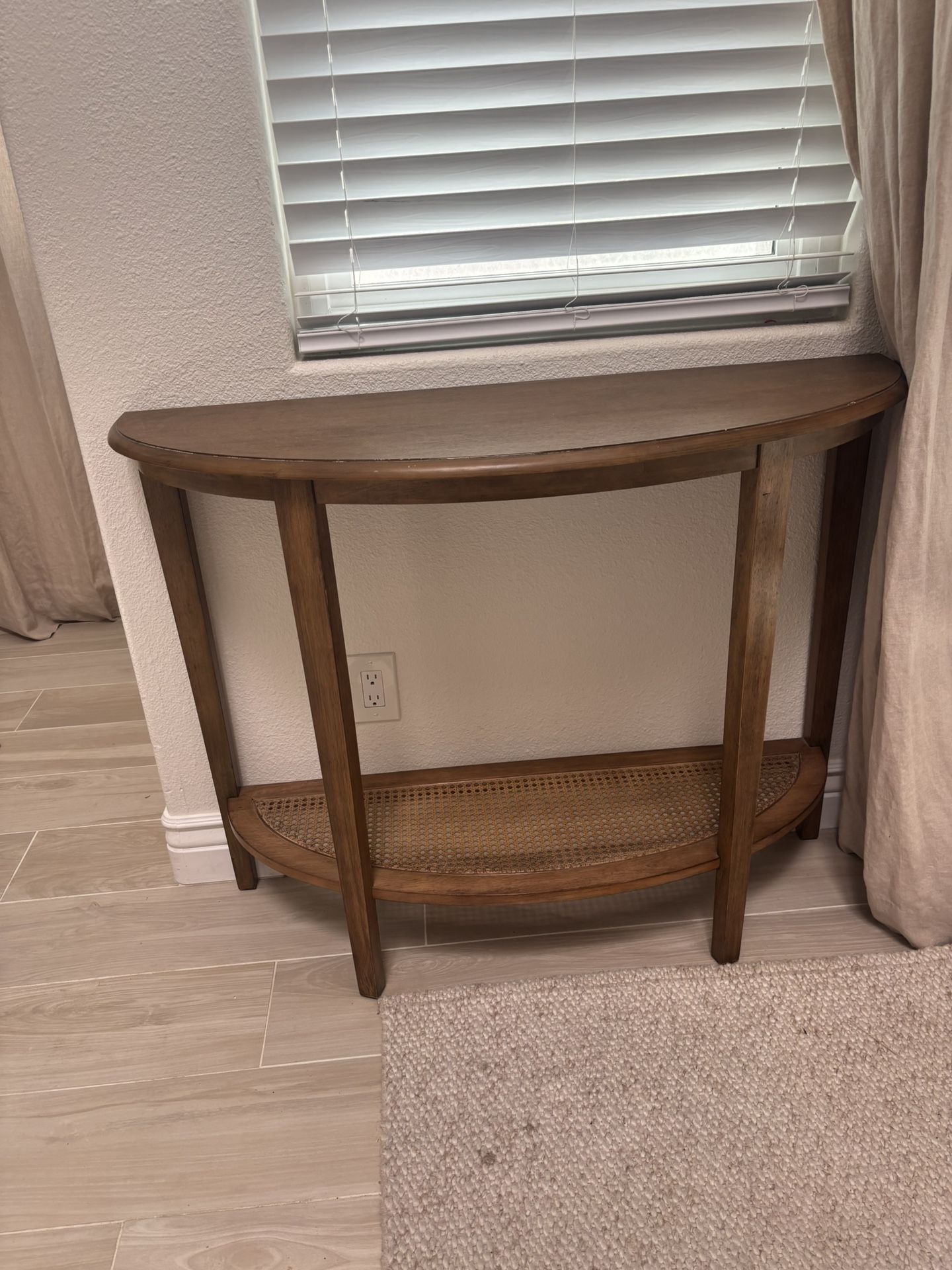 Royal Half Circle Wood And Cane Console Table With Shelf
