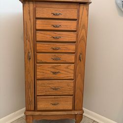 Vintage Oak Jewelry Armoire with Multiple Drawers