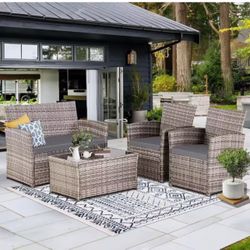 Gray 4-Piece Wicker Outdoor Patio Conversation Furniture Sofa set with Gray Cushions and Coffee Table, Apt, Porch, Yard