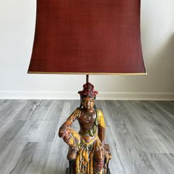 Vintage Asian Hand Carved & Painted Wooden Lamp
