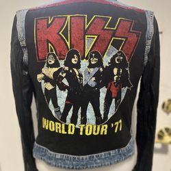 Talula Denim Jacket -size extra small, leatherette/vinyl black sleeves, KISS World Tour 1977 concert Tee with Red rhinestone embellishment 
