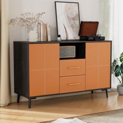 Leather Buffet Sideboard, Buffet Cabinet with Open Storage, Wood Coffee Bar with 2 Drawers 2 Enclosed Spaces, Console Table for Kitchen/Dining/Living 