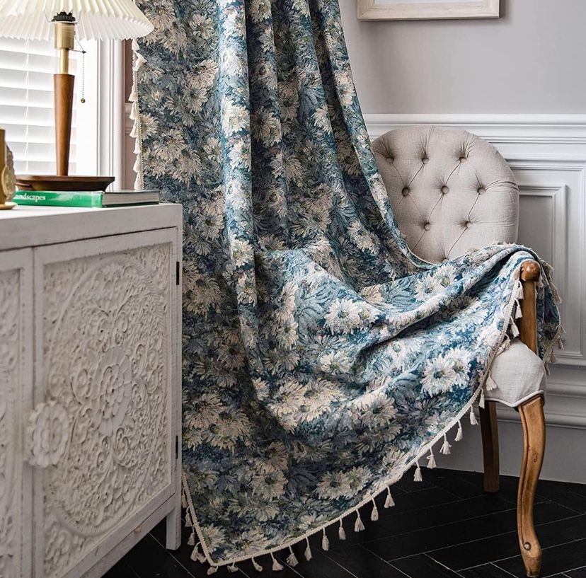 ENJOYBRIDAL Blue Floral Curtains 96 Inch Length 2 Panels