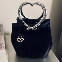Vintage Brighton Crockadile Embossed Leather Clutch Handbag With  Heart Handles & Classic Silver Heart Pendant 