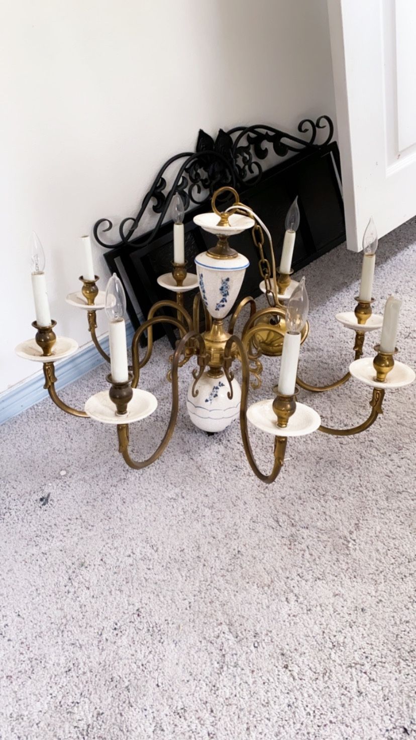 Antique Blue and White Porcelain Chandelier w/Brass