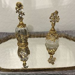 Vintage Perfume Mirror Tray With 2 Bottles