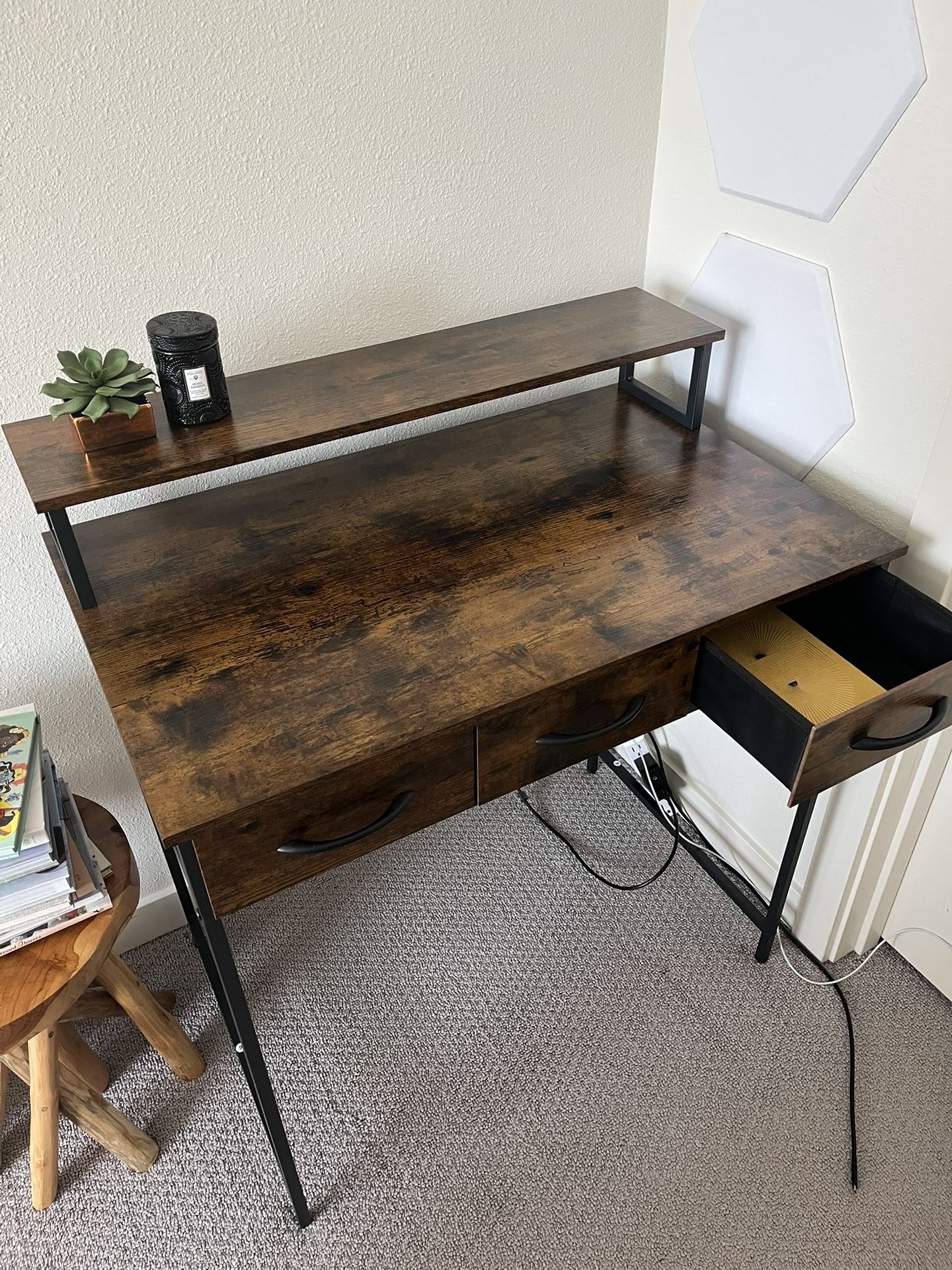 Brown Computer/ Make Up Desk with Drawers and Monitor Stand - Vanity