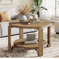 WW0012 30" Solid Wood Coffee Table, Round Small Coffee Table with 2-Tier Storage for Living Room, Farmhouse Circle Center Accent, Brown Round Solid Wo