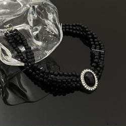 Dark heavy industry court style black bead string light luxury necklace elegant retro crystal sense choker hot girl gothic