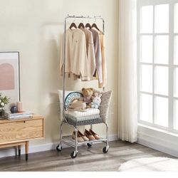 Rolling Laundry Bakset with Wheels, Laundry Cart with Hanging Rack, Metal Laundry Hamper Basket Butler Cart with Wheels and Wire Storage Rack, Silver