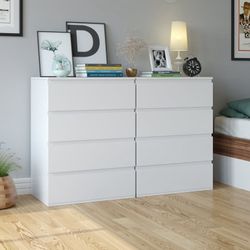 2pcs  4 Drawer White Dresser, Modern Storage Cabinet for Bedroom, Chest of Drawers Wood Organizer for Living Room