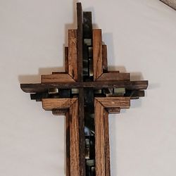 Wooden Hanging Cross with Stained Glass Inlay ~ Artist Signed 14"H x 7"W 