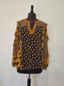 CAbi Womens XS Blue Yellow Floral Chiffon Ruffle V Neck Long Sleeve Blouse