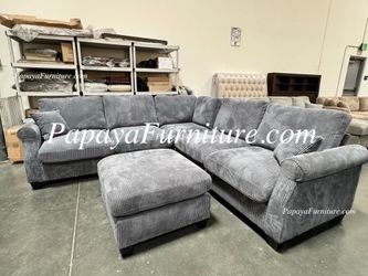 NEW Dark Gray Fabric Sectional Sofa and Ottoman Set Soft Ashley Style DISCOUNT Furniture Warehouse BIG SALE Green Black Gray Couch Clearance Closeout
