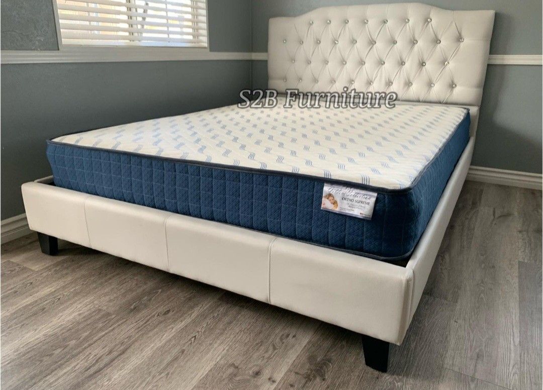 Queen White Crystal Button Bed With Ortho Matres!