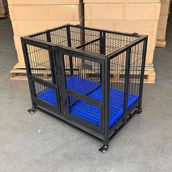 (Brand New) $160 Heavy-Duty Dog Cage Crate 37x25x33” Double-Door Folding Kennel w/ Divider, Tray, Wheels