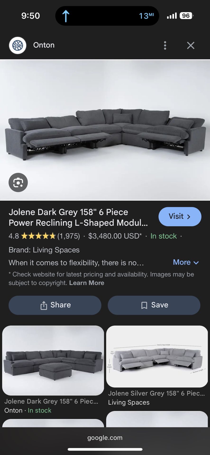 Living Spaces Jolene Dark Grey Reclining Couch