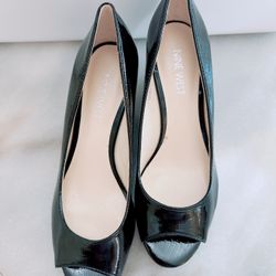 Nine West Canise Black Wedge Heel Slip On Rounded Peep Toe Fashion Pumps/NWOB