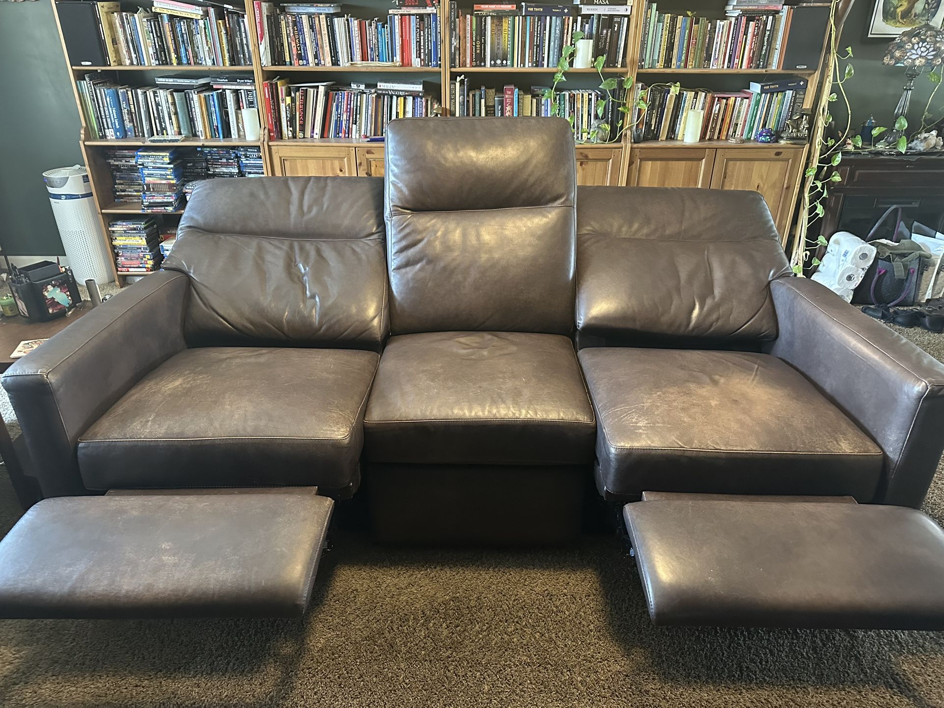 High End Leather Dual Reclining Couch & Chair (w/3 USB)