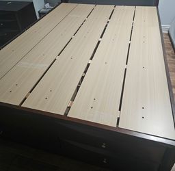Queen Dark Wood Bed Frame built-in drawers and memory foam mattress