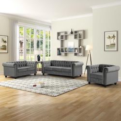 Velvet Couches for Living Room Sets, Chair, loveseat and Sofa 3 Pieces Top in Gray